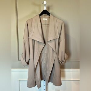 Max Studio London XL Trench Coat Cardigan Jacket Open Front Roll Tab Tan Khaki